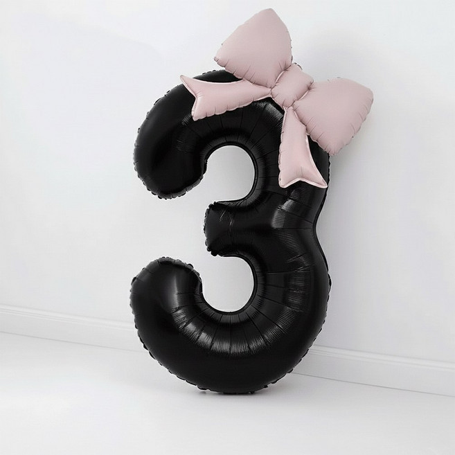 블링살롱 블랙 대형 숫자풍선 40인치 핑크 리본 데코 생일파티 돌잔치 포토존 파티 풍선 펌프 포함, 1개, 숫자 3