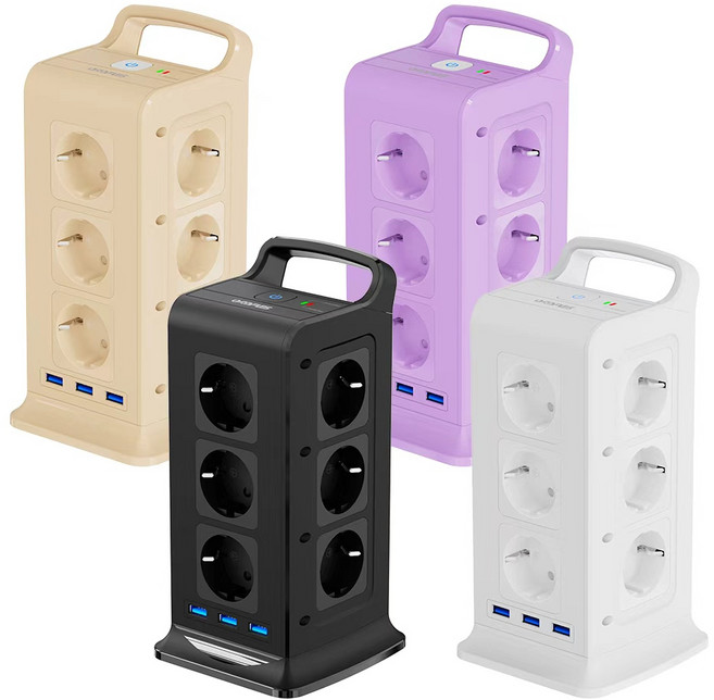 ORDFLES 12구+3USB 고속 충전고용량 4000W 과부하차단 타워형 멀티탭, 1개, 블랙, 2m