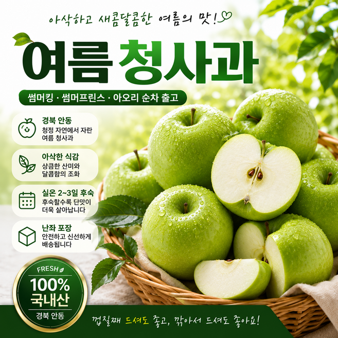 [산지바로]경북 안동 청사과 썸머킹 아오리 가정용 새콤달콤 산지직송 2kg 3kg 4kg, 1박스, 중과2Kg(7-8과)