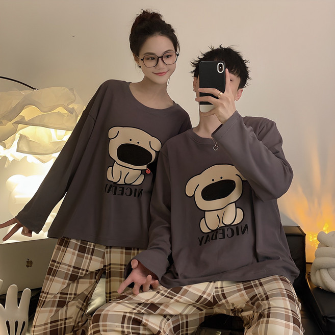세컨핑크 커플용 나이스멍멍 긴팔 잠옷 상하의 세트