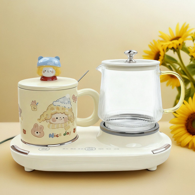多功能辦公室煮花茶燒水壺 玻璃保溫養生壺 家用咖啡茶壺 聖誕節禮物, 1個, 開心女孩B款丨左恒溫右燉煮關注收藏丨優先發貨丨可代寫卡片祝語