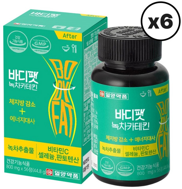 일양 바디팻 녹차 카테킨 녹차추출물 가데킨 카태킨 비타민C 건조 효모 판토텐산 칼슘 레몬밤 추출물 분말 보이차 추출물 분말, 6개, 56정