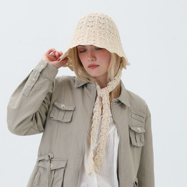 느와드코코 니트짜임 물결챙 리본끈 버킷햇 여성 감성 보넷 모자