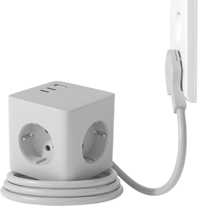 바우토 납작 큐브 고용량 멀티탭 콘센트 3구 usb 4000W, 1개, 그레이, 2m