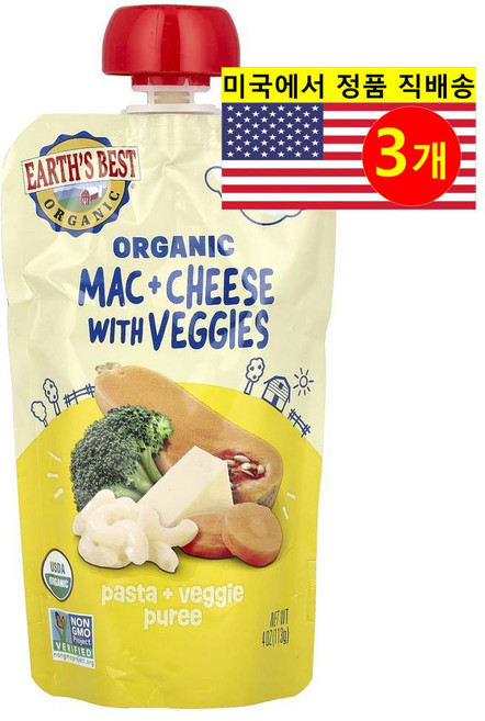 Earth's Best 9개월 이상 유아용 맛있고 영양이 풍부한 오가닉 퓌레 이유식 파우치 113g 3개