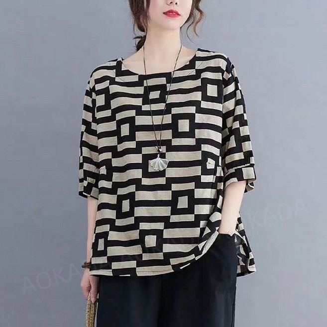 AOKADA 중년 여성 반팔티 루즈핏 이너티 프린팅 반팔 티셔츠 언더티