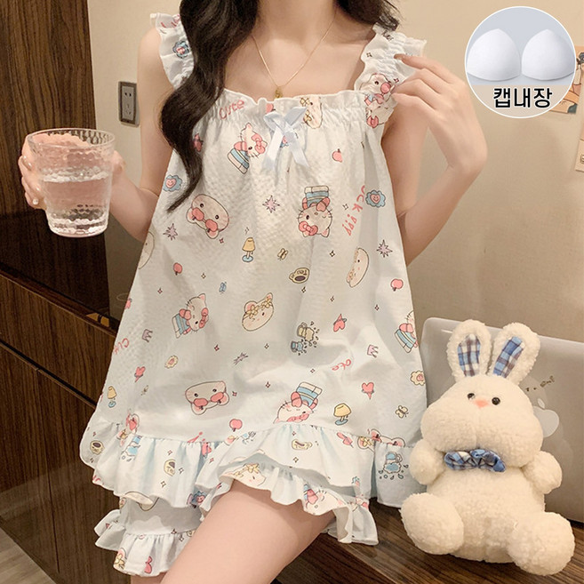 Belua 여성 여름 나시 잠옷 홈웨어 캡내장 귀여운 프릴 상의 반바지 파자마 세트