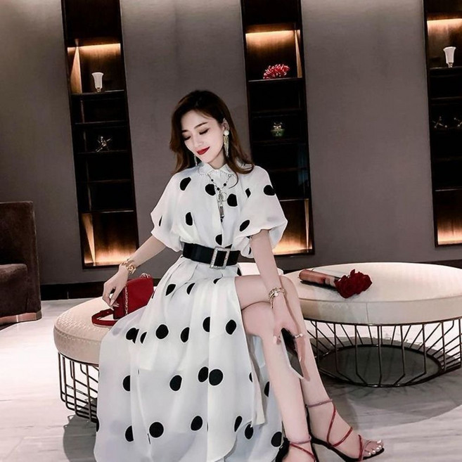 원피스 땡땡이 도트 여성도트 블랙쉬폰 루나걸원피 스 루나걸땡땡이 체리빌레 쉬폰 캉캉롱 가가리치 레이디 2023 봄여름 보헤미안 패션 벨트 허리 묶은 프랑스 화이트 폴카 롱