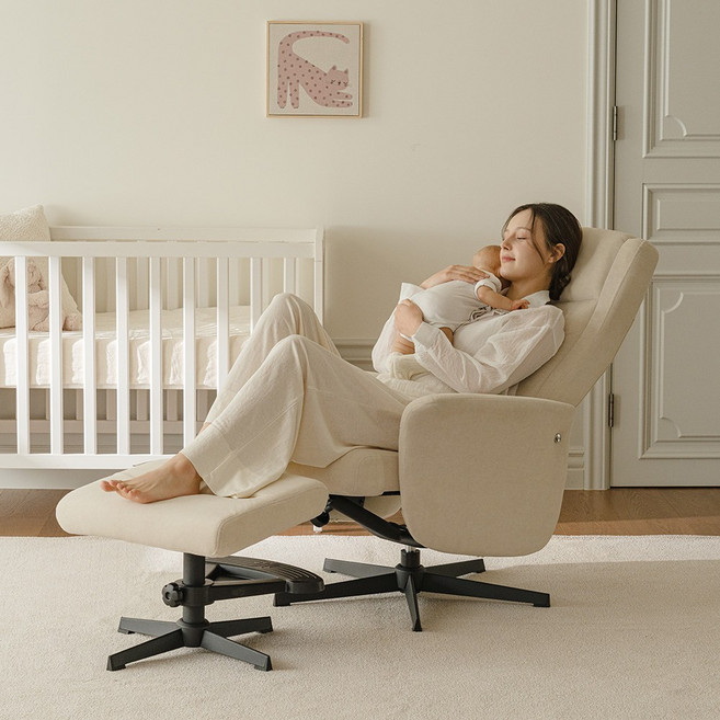 말랑하니 릴렉스 1인용 리클라이닝 수유의자 360도 회전, 패브릭+스툴 set