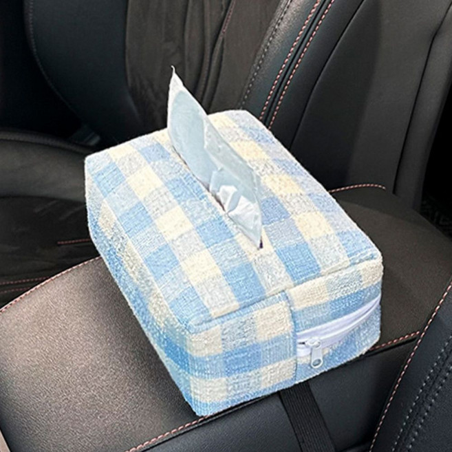 티쯔 차량용 체크 티슈 케이스 암레스트 헤드레스트 화장지 캠핑용 휴지걸이, 블루, 1개