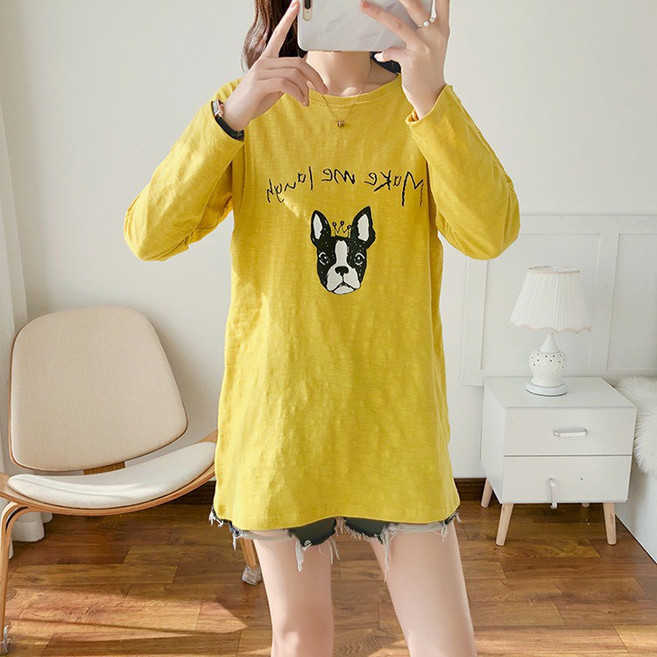 BABYSHARE時尚孕婦裝 韓版寬鬆竹節棉狗狗長袖哺乳衣 哺乳衣 哺乳長袖上衣 孕婦裝 孕婦上衣