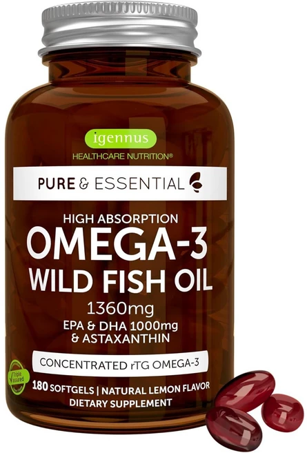 Igennus 아스타잔틴이 함유된 초순수 오메가 3 어유 농축액 180 캡슐 1000mg EPA DHA, 1개, 180정 - 쿠팡