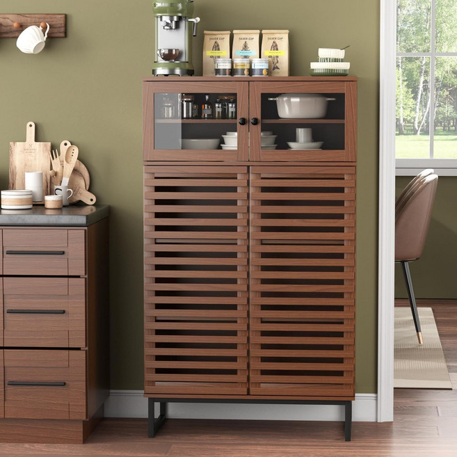 수납 공간이 있는 51인치 높이의 뷔페 캐비닛 주방 식당 거실 호두를 위한 그릴 도어와 조절 가능한 선반이 미드 센추리 모던 사이드보드 커피 바, Walnut, 58.3"L x 14.2D"