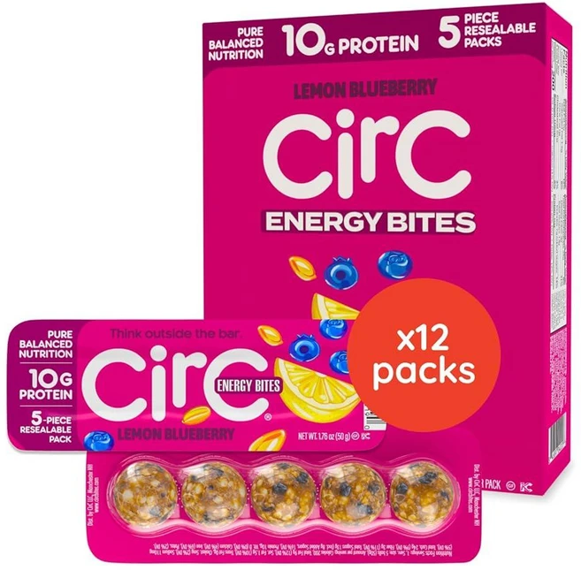 CirC Protein Balls 땅콩 초콜릿 칩 12팩 글루텐 프리 고단백질 스낵 유청 단백질 10g 통곡물 견과류 및 과일 31g 성인 및 아동용 휴대용 건강 간식, 12 Pack, 레몬 블루베리 - 쿠팡
