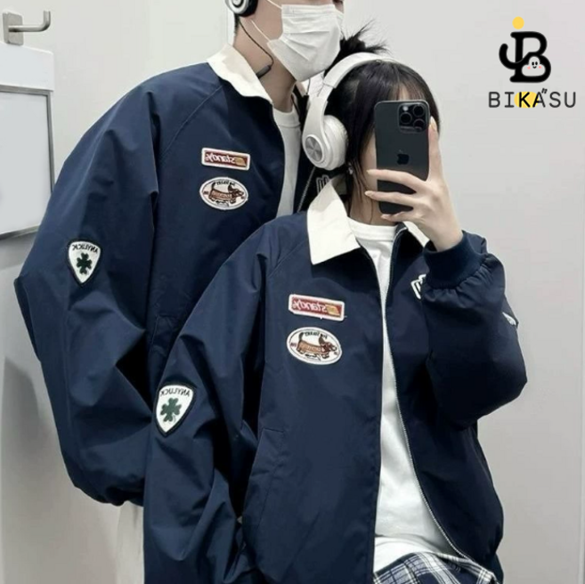 BIKASU 남녀공용 봄 가을 패션 바람막이 방수 재킷 아우터 루즈핏 간절기 야구점퍼 배색 빈티지 커플 야구복 상의