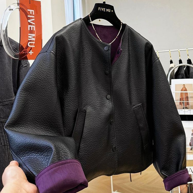 WPUY 노카라 자켓 여성 봄 자켓 아우터 데일리 라운드넥 숏기장 가죽자켓 스트릿룩 빈티지 캐주얼 오버핏 빅사이즈 레더자켓 중년여성 노카라 코트