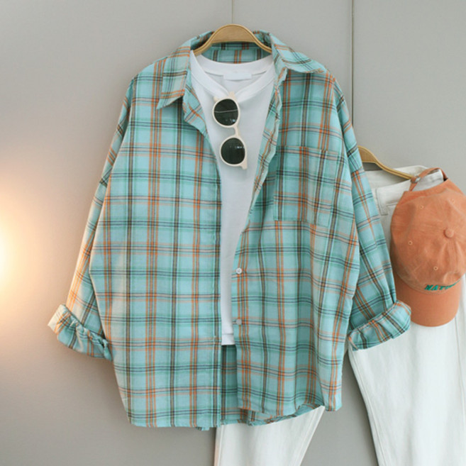 달콩 스프링오버핏체크남방 여성 빅사이즈 롱셔츠 카라셔츠 긴팔