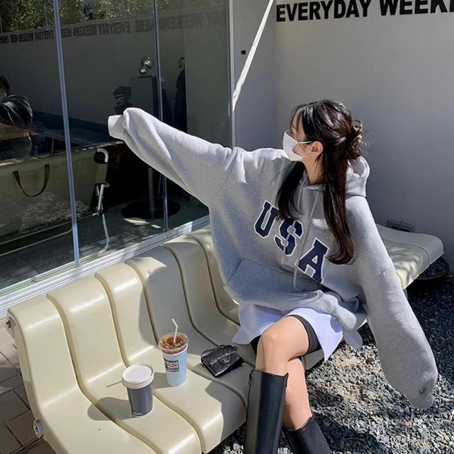 [올씨마] 여성 루즈핏 프린트 후두티 레터링 심플 캐쥬얼 데일리 가을 겨울 기모 맨투맨18007