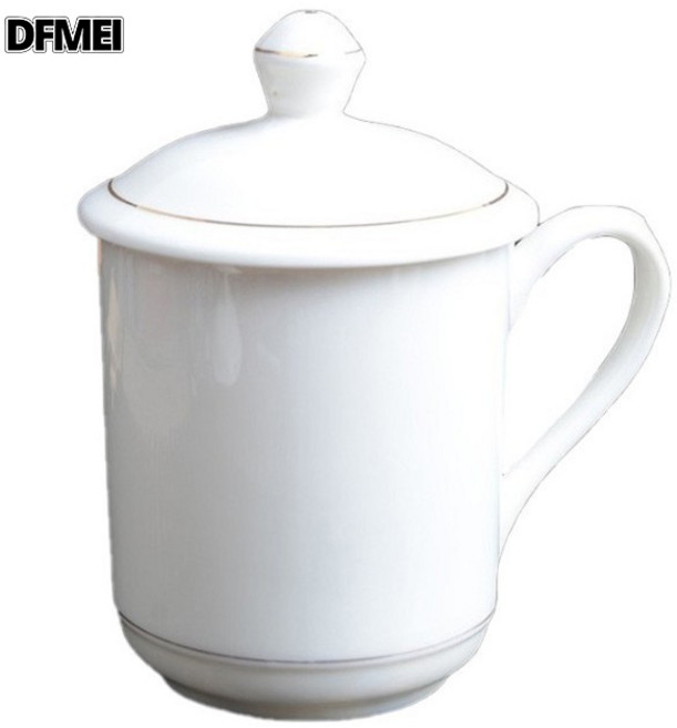 DFMEI 茶水杯印字辦公室會議杯帶蓋陶瓷水杯金線馬克杯, 1個, 奧雅低骨瓷金線:301-400ml