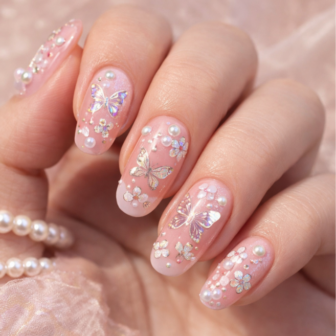 제이릿뷰티 젤네일 아트 파츠 전통 자개 스티커, 1개, 나비와꽃