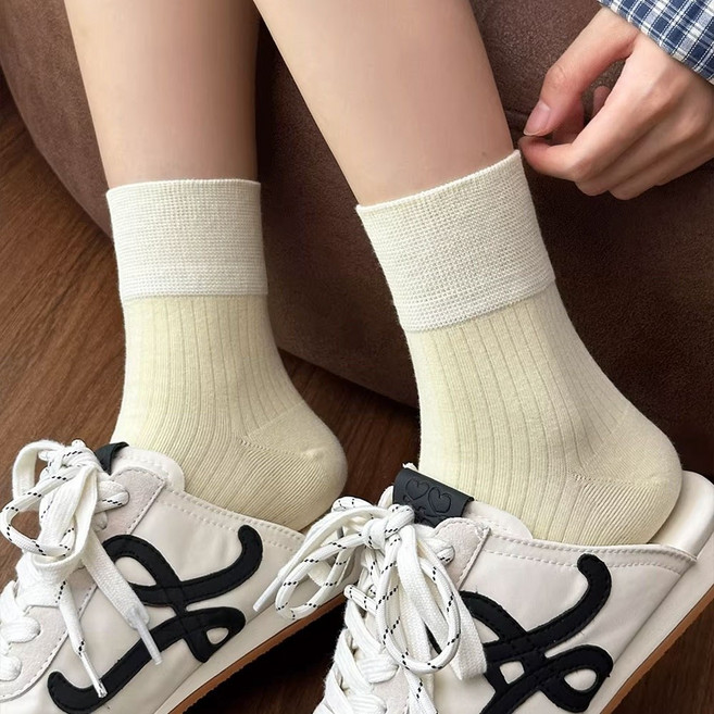 Banjiwu 여성 양말 순색 봄여름 양말 장목 양말 장양말 운동 패션 흰양말 4족 세트