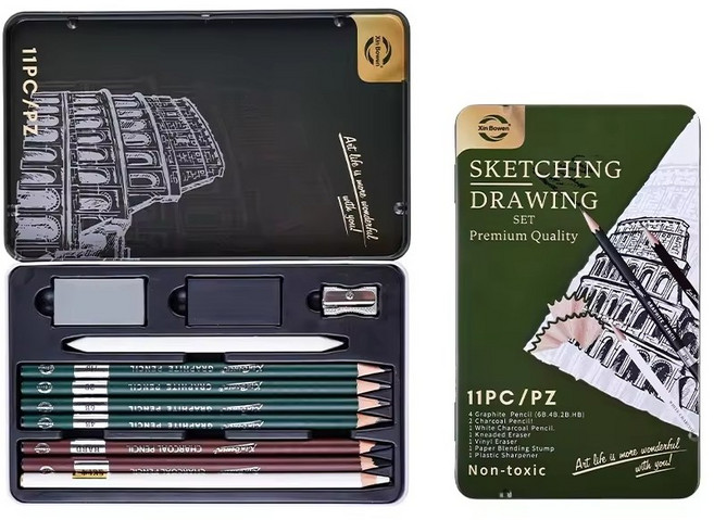 에이치비문화사 프리미엄 스케치 틴케이스 올인원 드로잉 세트 11p, 1세트
