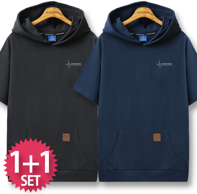 블루포스 레잇튼 반팔 후드티 [2장 묶음] 오버핏 무지 캥거루 포켓 남자 티셔츠 남성 빅사이즈 반팔티 단체티 여름 커플티 츄리닝