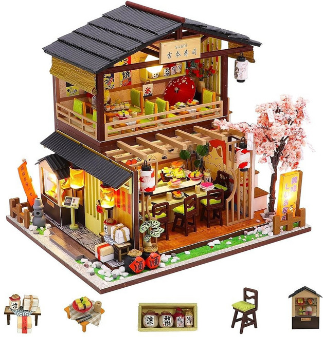 플레버 DIY 하우스 키트 LED 조명이 있는 작은 홈 성인 및 을 위한 미니 빌드 공예 가족/친구를 데코 선물 드림 빌딩 파빌리온, Gibon