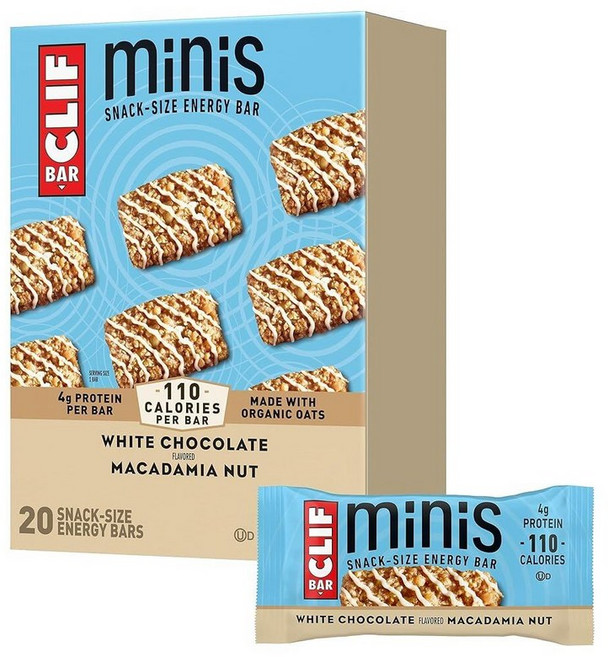 CLIF BAR Minis - 화이트 초콜릿 마카다미아 너트 맛 유기농 귀리로 제작 단백질 4g GMO 프리 식물 기반 스낵 사이즈 에너지 바 28.1g(1온스) (20팩) 1, 20 Count (Pack of 1), 28.1g, 1