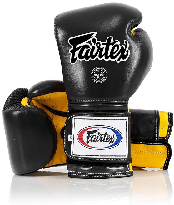 Fairtex Muay Thai 복싱 글러브 BGV9 - 헤비 타자 멕시코 스타일 트레이닝 스파링 장갑 킥복싱 MMA K1용 화이트/블루 파이핑 473.2ml/16온스 [호환], 블랙/옐로우/블랙 파이핑
