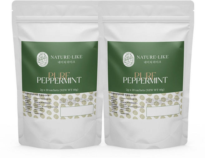 네이처라이크 퓨어페퍼민트 _유기농 순면 티백 잎차 미세플라스틱NO 항산화 민트차 노화예방 스트레스 긴장완화 프리미엄 퓨어 페퍼민트티 민트 허브티, 2개, 20개입, 2g