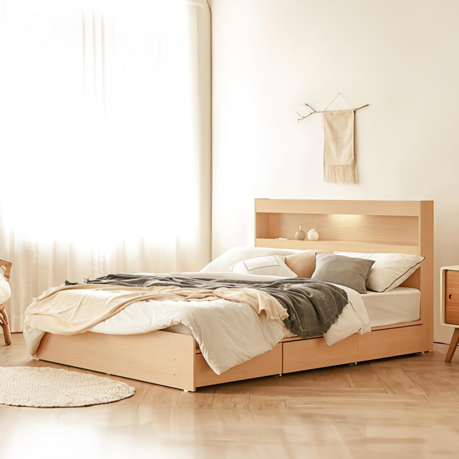 동서가구 이즈 카이 LED 1단 3서랍 수납침대 프레임 + 본넬 양면 매트리스 세트 방문설치, 메이플 + 화이트