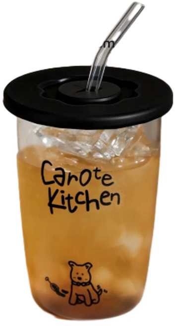 Carote 高硼矽玻璃杯 500ml, 帶蓋黑字款500ml 杯 蓋 吸管, 1個