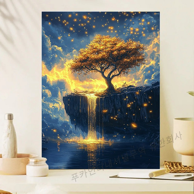 액자형 3D 사각큐빅 보석십자수 DIY 키트 캔버스 일체형 풍경 동물 꽃식물 금전운 풍수 그림 장식 선물용 40x50cm, 1개, 황금나무