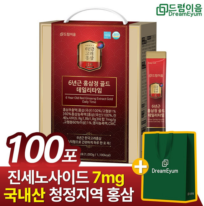 [쇼핑백증정] 드림이음 6년근 홍삼정 골드 스틱 데일리타임 10g x 100포 1박스, 100회분