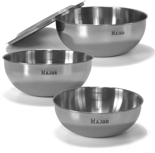 키친아트 프리미엄 메이저 스테인레스 믹싱볼 4p 세트, 1세트, 믹싱볼 1500ml + 3000ml + 4000ml + 뚜껑