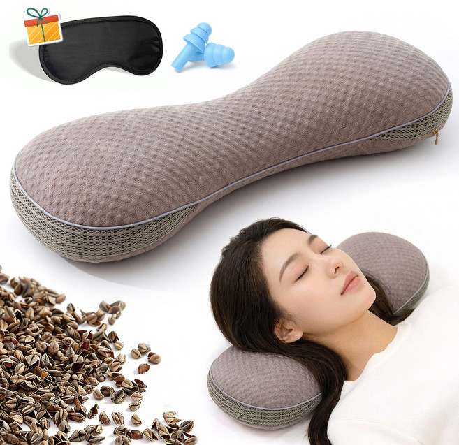 Folvia 팔자형 경추베개 목받침 베개 3D 인체공학 디자인 통풍 지퍼 포함, 1개, 브라운