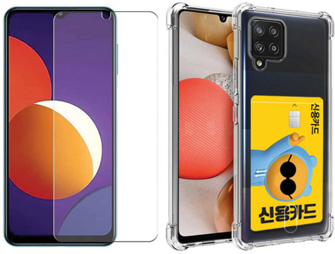 스톤스틸 갤럭시 M12 강화유리 액정 보호 방탄 강화유리필름 + 카드 수납 투명 범퍼 케이스, 1개