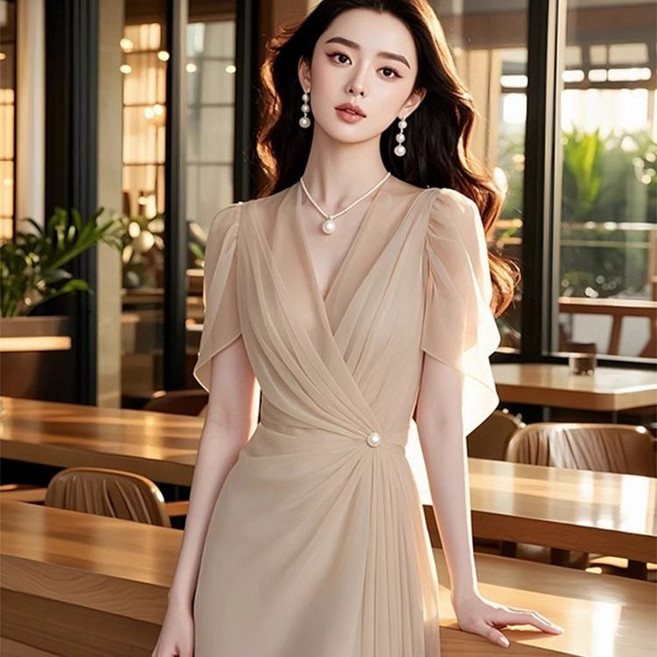 여성 롱 원피스 여름용 쉬폰 원피스 V넥 크로스 랩 드레스 우아한 모임룩 결혼식 파티룩 SJ
