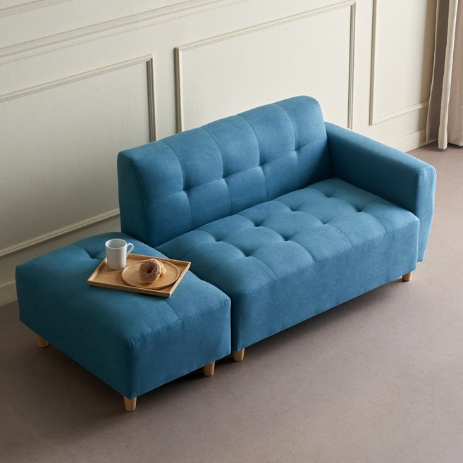 [20조한정 추가할인쿠폰] 에보니아 뮤즈 2인소파 스툴포함 카우치소파 쇼파, 좌형_패브릭_아쿠아블루