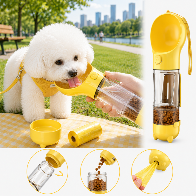 루미피티 강아지 산책용 4in1 물병 300ml (급수+간식+배변봉투+삽) 반려견 휴대용 물통, 옐로우, 1개
