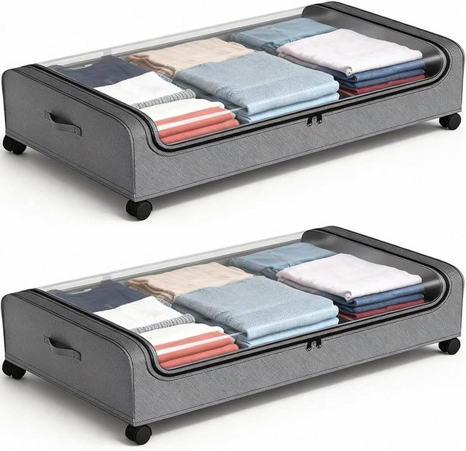 바퀴가 달린 JAL유니버설 TRI 언더베드 수납 뚜껑이 있는 6.7인치 높이의 용기 - 신발 의류 담요용 롤링 빈그레이 2팩 XXL, 11 inch-height