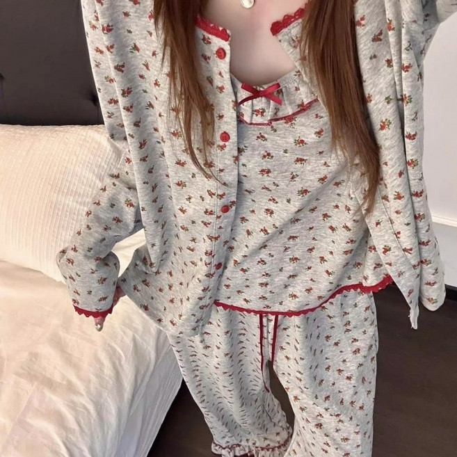 플라워 3종세트 프릴 나시 가디건 파자마 여성 긴바지 홈웨어 간절기 잠옷