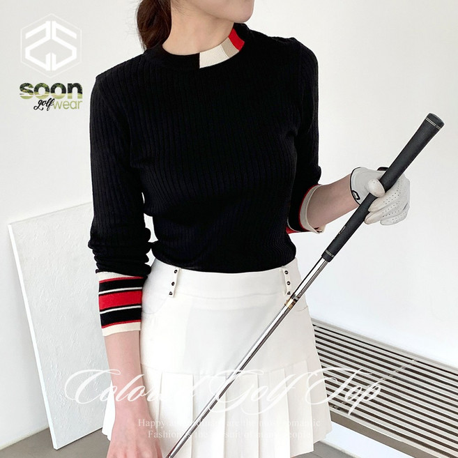 [순이야] S.골프 여성 스트라이프 배색 라운드 슬림 니트티