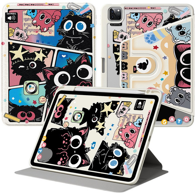 DUNNO 360도 회전 가능 펜슬수납 아크릴 아이패드 케이스, 1개, 5-Comic Cat