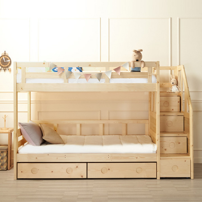 [추가즉시할인] 에보니아 미키 계단형 원목이층침대 슈퍼싱글 매트선택/책꽂이선택 (계단서랍포함/하부서랍포함), 매트제외