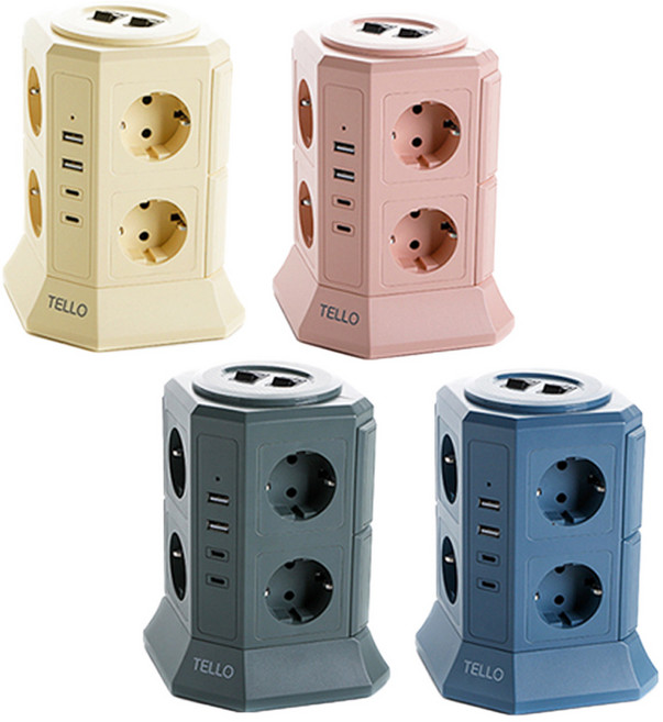 텔로 과부하차단 USB 타워 컬러 멀티탭 12구 KC인증 접지 안전 고급 멀티탭 선정리 가능한 인테리어 예쁜 귀여운 디자인 C타입 콘센트, 2m, 크림레몬, 1개