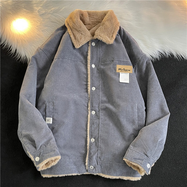 Well Spmrae 男生燈芯絨羊羔毛外套，冬季保暖日系棉服
