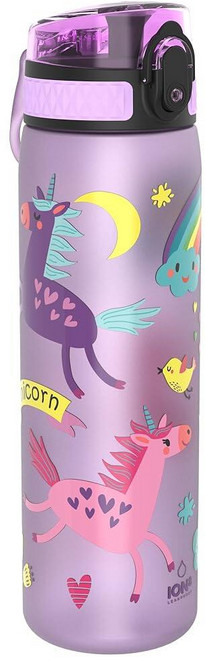 Ion8 누출 방지 아동용 물병 350ml/12온스 유니콘 - BPA 프리 냄새 방지 재활용 폴리머 원터치 플립 뚜껑 캐리 루프 빨대 없음 - 식기 세척기 사용 가능, 18oz / 500ml, Pink Unicorns Rainbows