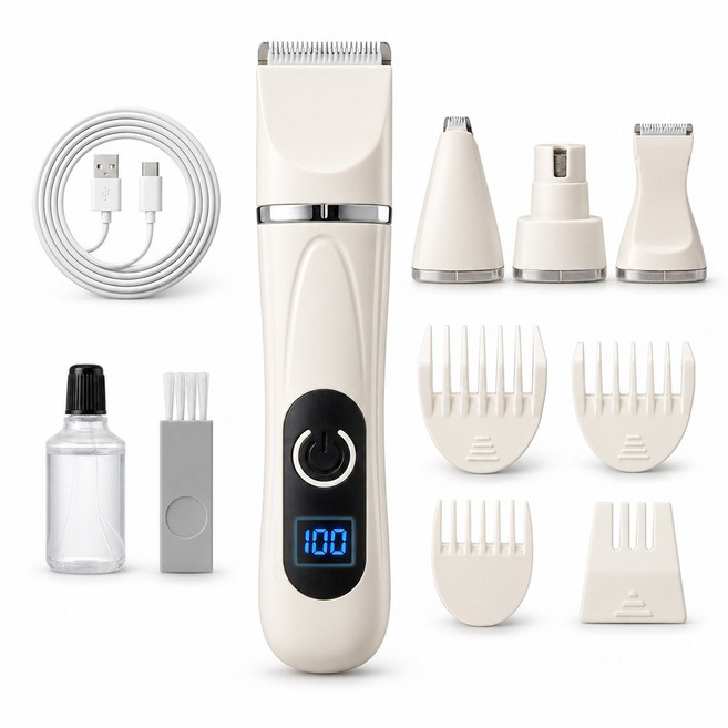 4in1 반려동물 이발기 이발무소음, 1세트, 화이트